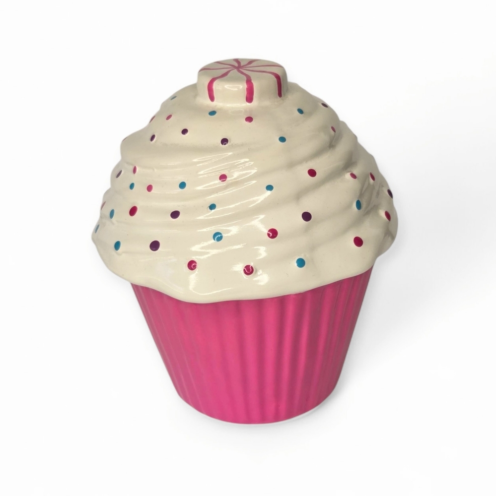 Pink Ceramic Cupcake Penny Bank With Confetti Sprinkles Peppermint‎ Topper